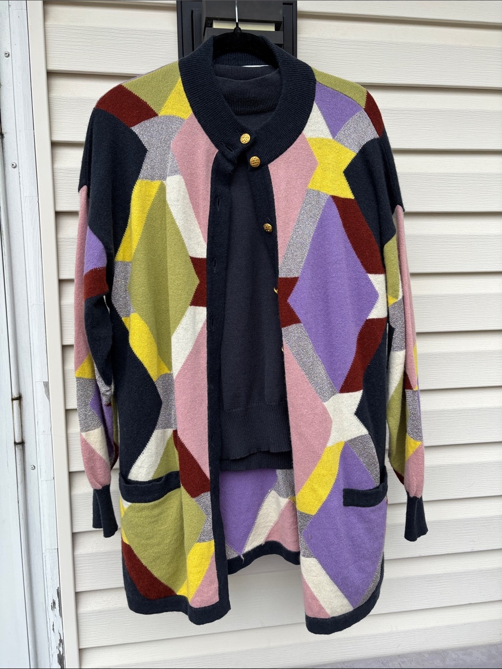 GISPA Italy Ladies Multi Geometric Open-Front Cardigan & Sweater Wool Set-80’s